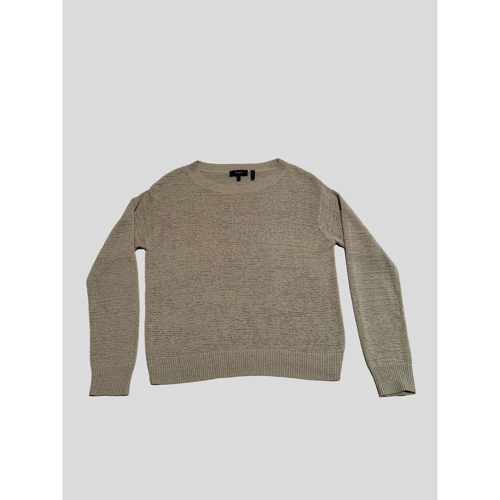 Theory Boxy Pullover Sash Sweater Beige/Gray Marl Knit Crew Neck Small